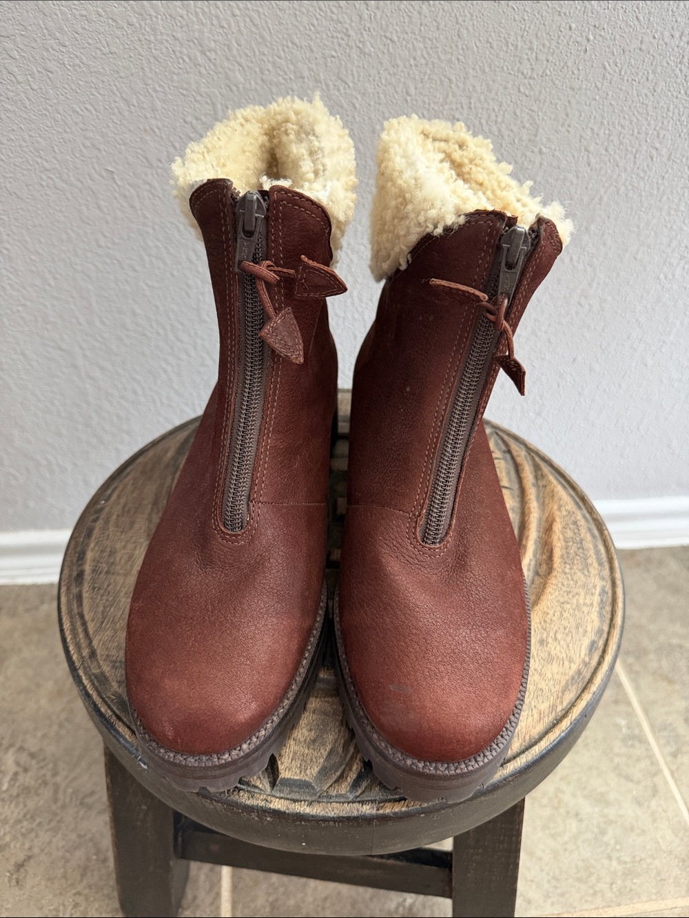 Cole Haan Chestnut Brown Faux-Shearling Zip Ankle Boots